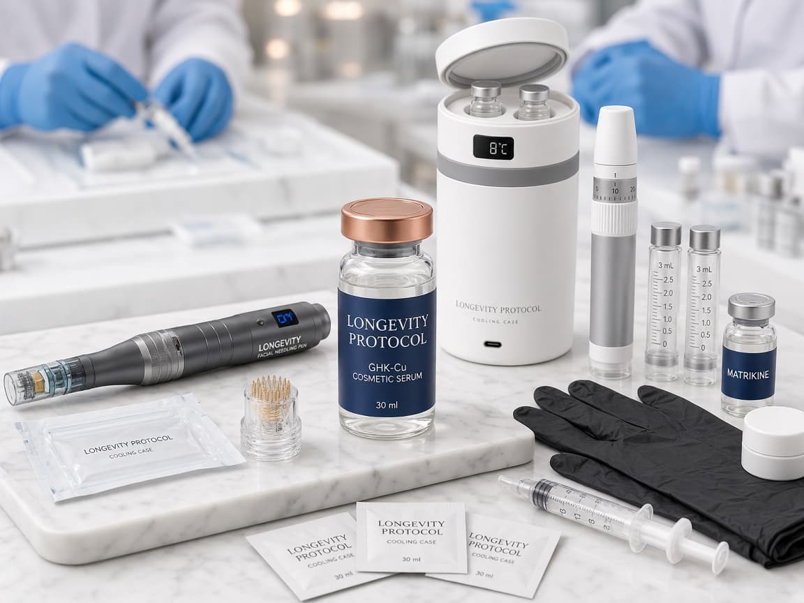 Longevity Protocol kit: cosmetic peptide serums, needling pen, hydra stamps, cooling case, prep pads, gloves, syringes and cartridge injector